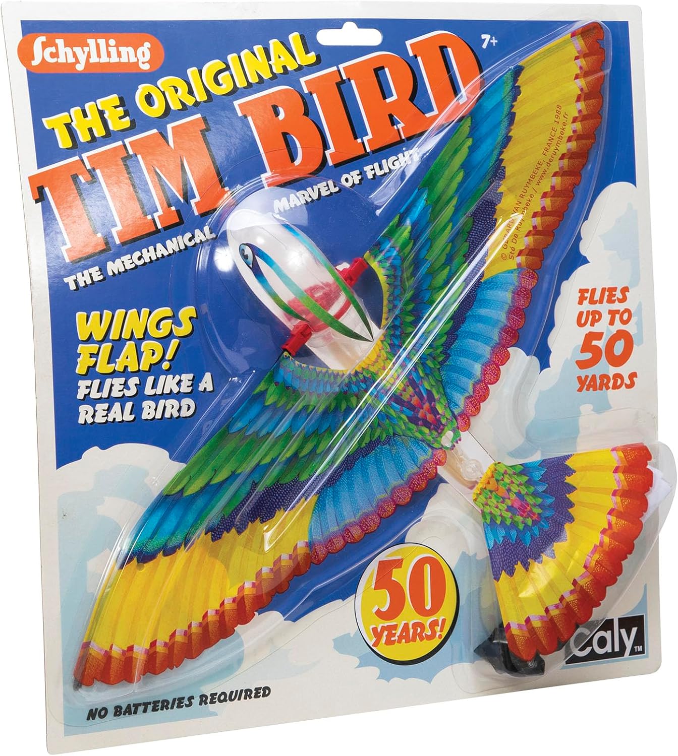 Schylling Tim Bird Flying Toy - Rubberband-Powered Mechanical Bird that Really Flies - Wings Flap and Flies 50 Feet - Ages 7 and Up